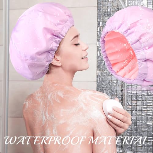 Shower Cap for Women Terry Lined Bath Cap Large Reusable Waterproof Elastic Band Pink Shower Caps for Long Thick Hair Soft Bath Shower Hair Caps - color: PURPLE