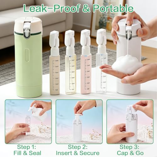 4 in 1 Travel Dispenser Bottle for Flying Essentials Camping Toiletries Pump Leak Proof Size TSA Travel Containers Portable Refillable Hard Shell Rotating Design with Scale and Labels (White) - color: White