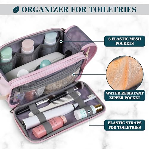 PAVILIA Toiletry Bag for Women, Canvas Dopp Kit, Travel Essentials Organizer, Water-Resistant Shaving, Grooming Kit, Large Hanging Bathroom Accessories Cosmetic Bag, Pink - color: Pink, size: Large (10.5x 5.5x 6)