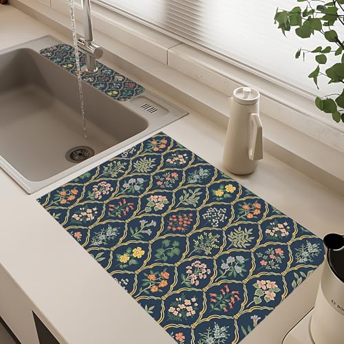 2Pcs Dish Drying Mats Faucet Mats Sets Large Size Coffee Mats Sink Faucet Mat Splash Guard for Kitchen Counter Bathroom Sink Coffee Bar Kitchen Decor (Vintage Flowers, 18"x24" 15" x 5.5"Set) - color: Vintage Flowers