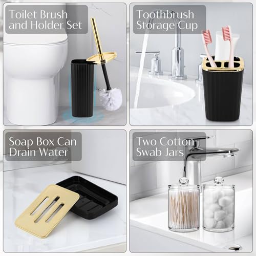 Bathroom Set, Black Bathroom Set Black and Gold Bathroom Accessories Set with Trash Can, 3PCS Soap Dispenser Bathroom Sets - size: Bath Set with Press-Top Trash Can, style: Black