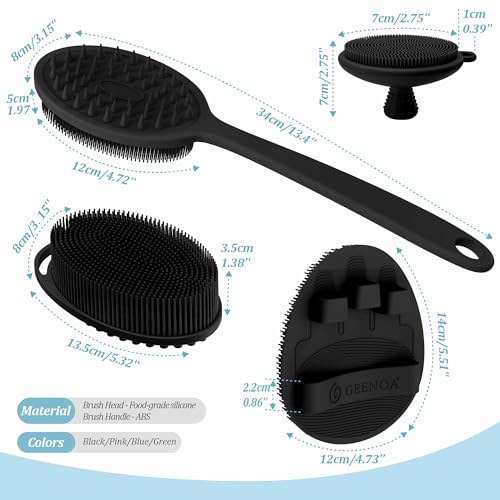 Silicone Back/Body/Face Scrubber & Soft Bath Glove Set 4PCS, Gentle Exfoliating Back & Body Scrubber with Dual-Side Brush Head, Hand-fit Bath Glove & Face Scrubber for Deep Cleaning(Black-4PC) - color: Black*4