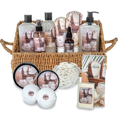 Aqua Elegante Bath Spa Gift Set - 15 Piece Premium Basket with Wash, Bubble Bath, Lotion, Salts, Body Scrub, Towel, Shower Puff, Bathbombs, Reusable Basket, Gifts for Women - Coconut & Vanilla - size: 15 Piece Set (Reusable Basket)