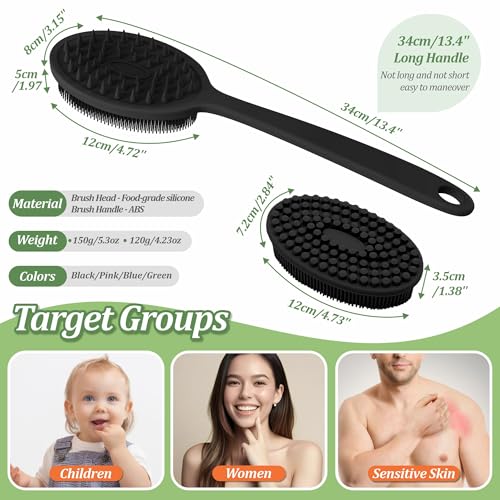 Silicone Back Scrubber, Soft Silicone Loofah with Handle, Gentle Exfoliating Back Scrubber, Back Brush Bath Brush with Two Dual-Side & Detachable Brush Heads(Black-Two Heads) - color: Black-two Heads