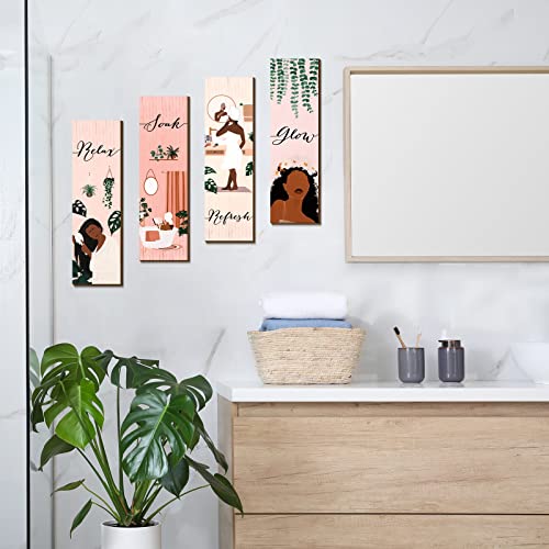 Yookeer 4 Pcs Black Girl Bathroom Wall Decor Pink Decor Boho Wall Art Print Black Women African American Wood Plaque Bathroom Hanging Decors for Home Spa Restroom Dressing Room
