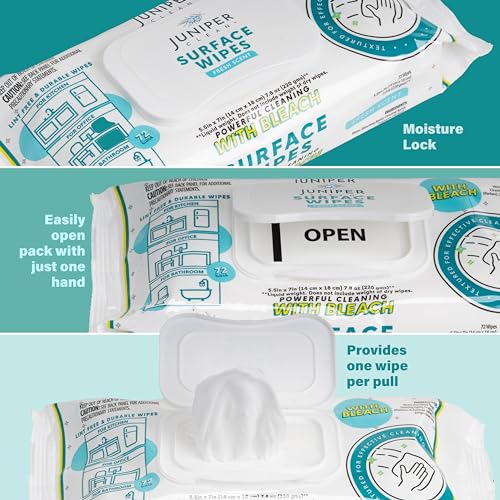 Juniper CLEAN 6 Pack Surface Cleaning Wipes with Bleach, All-Purpose Cleaner for Bathroom, Kitchen, Office, 72 Count Soft Flow, Fresh Scent, Lint Free & Durable - size: 72 Count (Pack of 6)