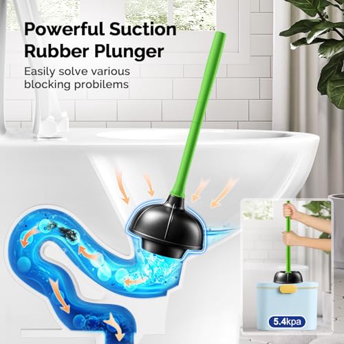 HAMITOR Toilet Plunger Bowl Brush Combo：Heavy Duty Rubber for Drain Clog Remover - Curved Design Bristles for Deep Cleaning Under Rim - Compact Bathroom Cleaning Tools for New Homet Essentials-Green - color: D-green, size: 1 pack