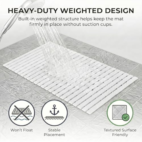 AceOrbit Weighted Non Slip Bath Mat for Textured tub, Heavy Duty Anti Slip Bath Mat for Bathtub and Shower Surfaces, Without Suction Cups for Textured, Reglazed, Refinished Tub(White,32 x 17 Inch) - color: White, size: 32 x 17 inches