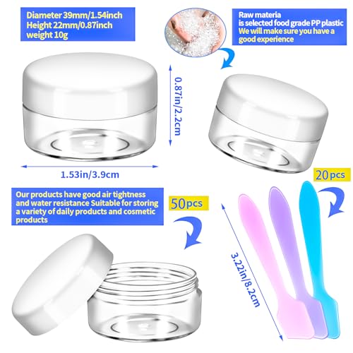 50 Pack 10g Plastic Jars with Lids, 10ml Round Clear Cosmetic Containers Makeup Jars, Travel Size Container Jar with 20 Spatulas for Sample Lotion Cream Eyeshadow Ointment Salve Balm Powder - color: White, size: 10g