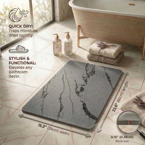 Stone Bath Mat – Diatomaceous Earth Quick Drying Non-Slip Bathroom Mat – Absorbent Diatomite Shower Mat, Durable & Easy to Clean, Modern, 23.6" x 15.3" (2 Pack Charcoal Black - Marble) - color: Charcoal Black - Marble