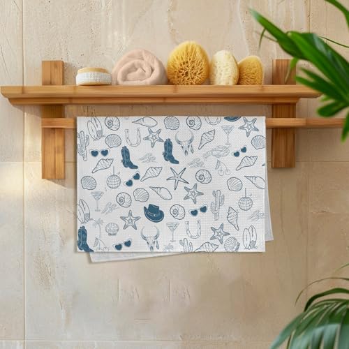 Coastal Cowgirl Kitchen Towels Set of 2, Blue Western Cowboy Boots Seashell Dish Tea Towels for Kitchen, Preppy Beach Summer Hand Towel for Bathroom, Coastal Western Gifts, 16x24 Inch - color: Coastal Cowgirl