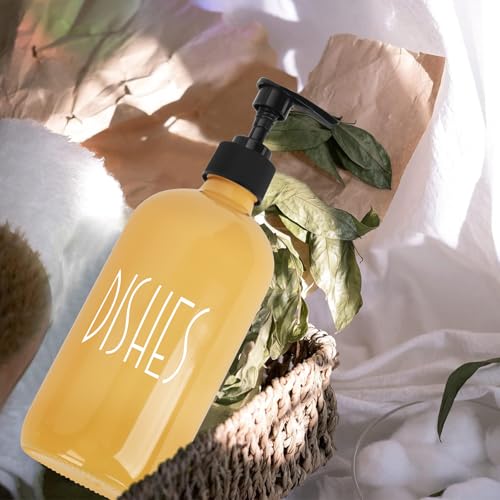 Glass Soap Dispenser with Plastic Pump for Kitchen - 16 OZ Glass Hand Soap Dispenser Set - Kitchen Bathroom Decor and Accessories (Yellow) - color: Yellow