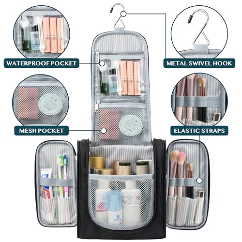 PAVILIA Toiletry Bag Travel Bag for Women Men, Hanging Cosmetic Organizer, Water Resistant Makeup Bag for Accessories Toiletries, Large Travel Essentials Kit (Black) - color: Black, size: Standard (9x4x9)