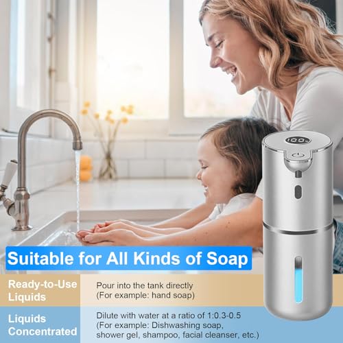 OHIFAST Automatic Liquid Soap Dispenser Touchless, USB Rechargeable Smart Hand Soap Dispenser, 6-Level Adjustable, 12.8oz/380mL Wall Mounted for Bathroom Kitchen Accessories Dish Soap-Silver - color: Silver, style: Liquid
