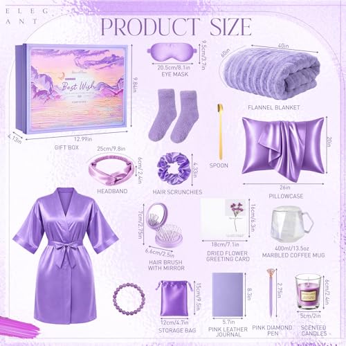 Twistover 16 Pcs Birthday Gifts for Women: Luxury Robe & Blanket Spa Gift Basket for Women -scented Candle, Mug, Notebook, Pillowcase & Spa Accessories(Light Purple) - color: Light Purple