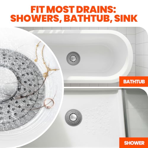 Shower Drain Hair Catcher, Upgraded 2Pack Premium Silicone Drain Protector & Shower Drain Cover for Regular Floor Drains of Shower Room, Bathroom, 304 Stainless Steel, Gray