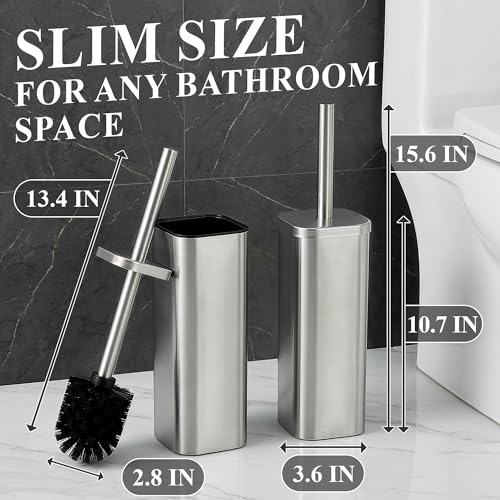 Toilet Brush with Square Holder - Toilet Brush and Holder Set Silver, Stainless Steel Handle with Splash Shield, Replaceable Head and Removable Inner Cup - Freestanding Bathroom Toilet Cleaning Set - color: Silver Rounded Square