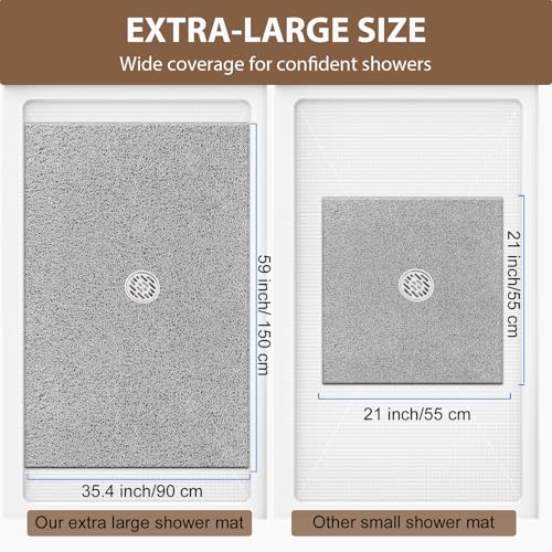Shower Mat Non Slip: 59 x 35.4 Inch Extra Large Shower Mats for Inside Shower with Drain Hole - Soft PVC Loofah Anti Slip Shower Stall Mat for Walk-in Shower and Bathroom, Quick Drying - color: Grey, size: 59" x 35.4" (Rectangular)