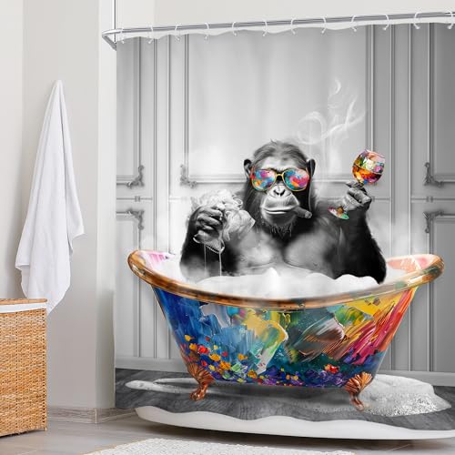 Newsely Funny Monkey Shower Curtain 72Wx72H Inch Black White Animal in Bathtub Chimpanzee Boys Men Shower Curtain Bathroom Set Modern Graffiti Cool Waterproof Bath Decoration Accessories Home Decor - color: B-monkey, size: 72"W x 72"L (Pack of 1)