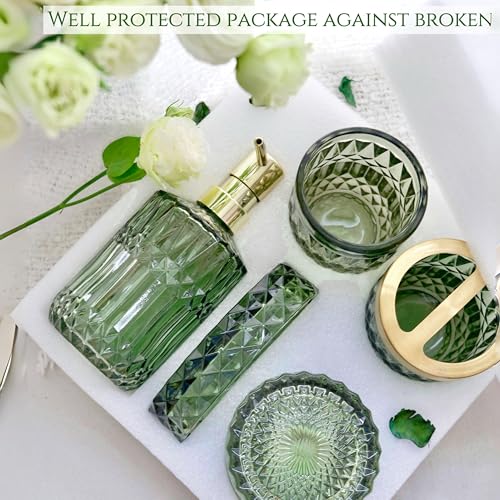 LaMarriti Green Bathroom Accessories Set, 6 Pcs Clear Glass Bathroom Set, Soap Dispenser, Soap Dish, Toothbrush Holder, Tumbler, Q-Tips Holder for Vintage Crystal Bathroom Decor, Gift Set - style: Green