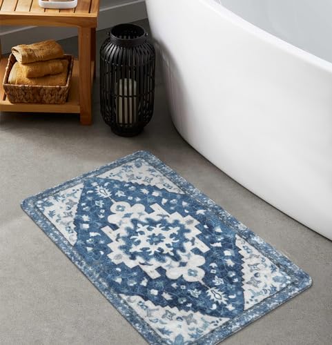 Uphome Vintage Bathroom Rug Blue Boho Non-Slip Bathroom Mat Oriental Soft Machine Washable Bath Rugs Cute Tribal Floral Floor Mats for Sink Tub Door Mat, 18x25 inch - color: Blue, size: 18x25 inch