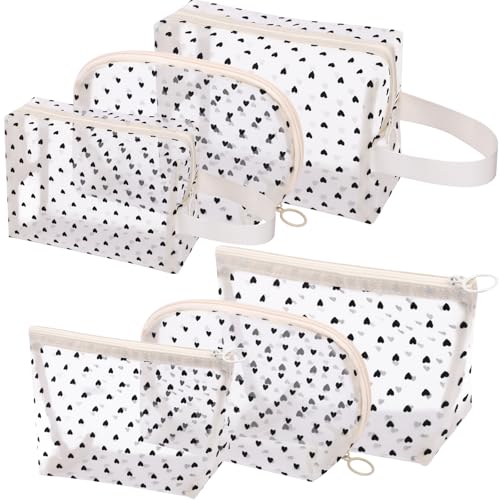 6 Pieces Zipper Mesh Makeup Bags Set, Nylon Cosmetic Bags Portable Clear Toiletry Bas Travel Organizer Bags for Office Travelling Organization (Beige Heart Printed, Assorted Size) - color: Beige Heart Printed