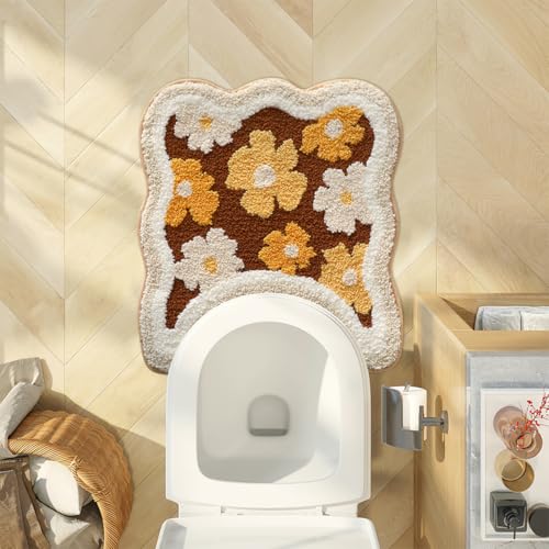 PTAEXCEL Floral U-Shaped Toilet Rug, Non-Slip Bath Mat Soft Plush Contour Bathroom Rug, Absorbent Microfiber Machine Washable for Toilet Base, 22 x 20 Inches Brown - color: Brown 22x20"