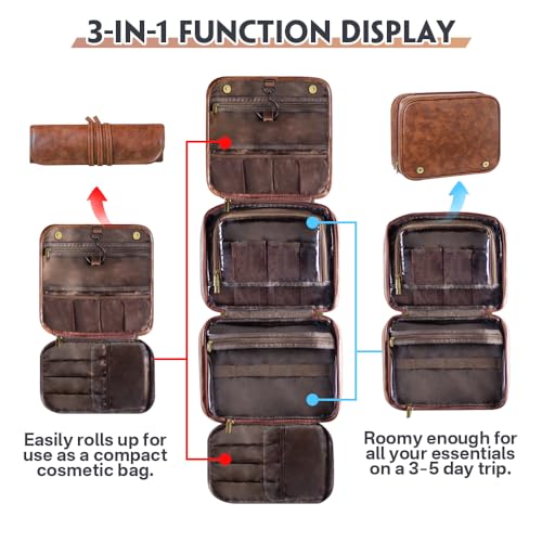 personalized 3-in-1 PU Leather Toiletry Bag For Men custom engraved Large hanging travel toiletry bag - personalized gifts for dad, brother, grandpa, husban (Dark-Brown) - color: Dark-Brown