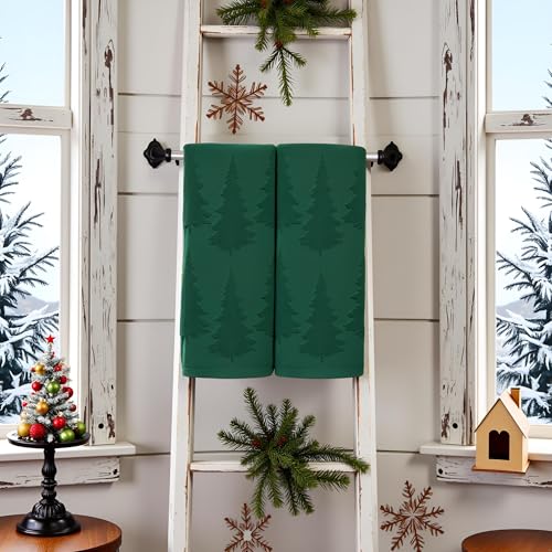 2 Pack Christmas tree Hand Towels 100% Cotton Jacquard holiday Kitchen dish Towels Retro Neutral Dark Green Bathroom Towels Set gift Seasonal Xmas Winter Bathroom Decor (Dark Green Christmas tree) - color: Dark Green Christmas Tree