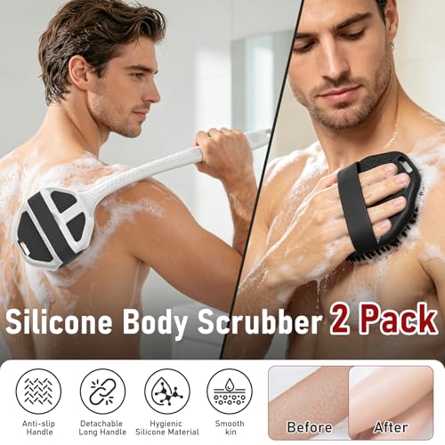 Back Scrubber for Shower for Men 2 Pack, Silicone Body Scrubber with Long Handle, Detachable Body Wash Scrubber Shower Scrub Brush - Lathering Bristles Deep Clean Exfoliator Women Mens Black - color: Grey