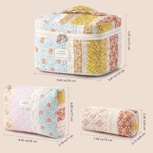 HBselect Quilted Makeup Bag, 3PCS Cotton Large Travel Makeup Bag, Cute Floral Coquette Make up Bag Cosmetic Bag Toiletry Bag for Women Girls - color: A-3PCS-Floral 36