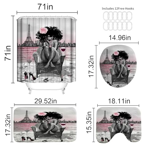 4Pcs Black Girls Bathroom Sets with Shower Curtain and Rugs, African Shower Curtain Set for Women, Eiffel Tower Pink Pattern Waterproof Fabric with 12 PCS Hooks, Cortina de baño Set completo - color: Pink