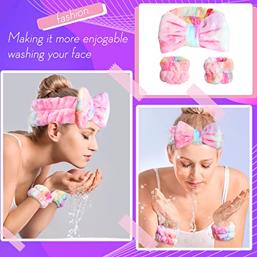 WSYUB Spa Headband and Wrist Bands, Makeup Headband and Wrist Towels for Washing Face, Fuzzy Bow Headbands, Soft Facial Head Bands, Shower Skincare Hair Sleepover Party Supplies - color: Pink