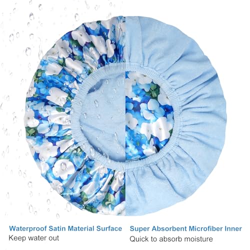 Upgraded Waterproof Terry Shower Caps, Reusable Shower Cap for Women with Long Hair, Soft Absorbent Hair-Protecting Towel Lining Bath Cap, Large Leak-Proof Hair Cap with Fashionable Print Outer-Blue - color: Blue