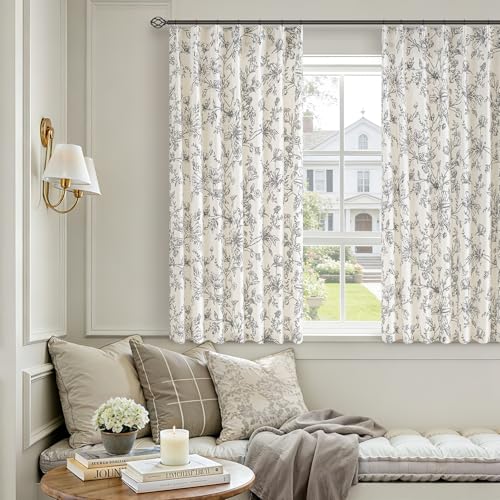 TWODRAPES Black Floral Linen Kitchen Curtains 63 Inch Length 2 Panels Country Boho Semi Sheer Pleated Sketch Printed Patterned Drapes for Dining Room Bedroom Back Tab Botanical Window Drape 40x63 - color: Black, size: 40"W x 63"L (Pack of 2)