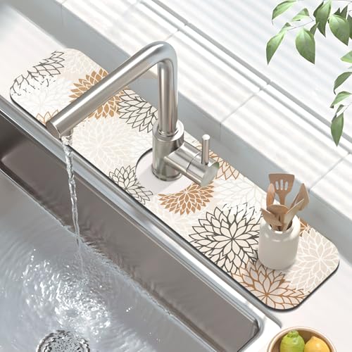 Findosom 2PCS 12" x 20" Dish Drying Mat & 24" x 5.5" Sink Splash Guard, Super Absorbent & Cuttable Dish Mat Drying Kitchen Mat with Brown Floral, Hide Stain Drying Mat for Kitchen Counter - color: Brown, size: 12" X 20" + 24" X 5.5"