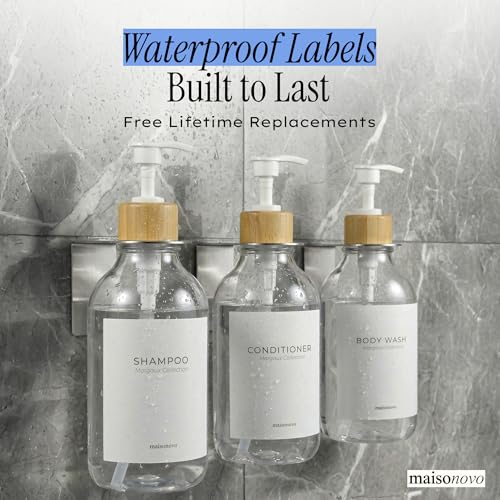 Shampoo and Conditioner Dispenser Wall Mounted Set of 3 Clear Bamboo - No Drill Shower Soap Dispenser for Bathroom Refillable - Spa Hotel Style Accessories by MaisoNovo - color: Clear Bamboo Set of 3