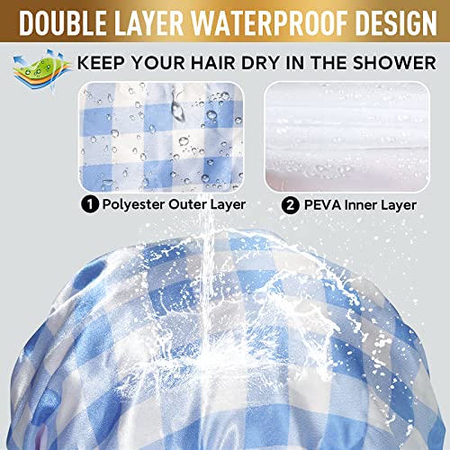 Shower Cap for Women Reusable Waterproof, Double Waterproof Layers Large Shower Cap, Plastic Shower Caps with PEVA Lining Bathing Cap Adjustable Elastic Band Hair Cap for Shower - color: Blue Plaids, size: X-Large