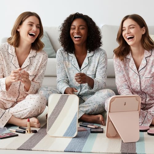 Lemecima 12 Pcs Table Mirrors Spa Party Supplies for Girls, Pink & Beige Foldable Vanity Makeup Mirror for Sleepover Slumber Birthday Favors Gift Beauty Accessories
