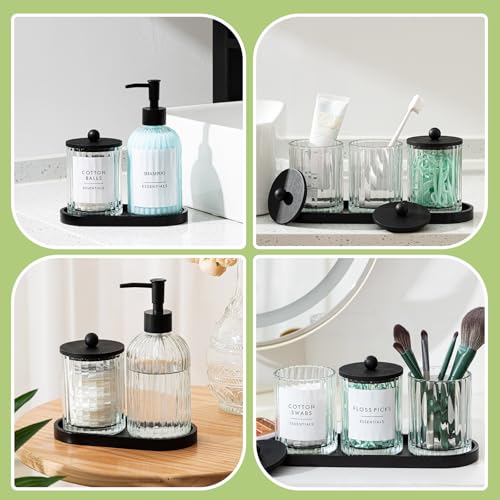 Yaomiao 5 Pack Glass Bathroom Accessories Set, Clear Striped Soap Dispenser, Toothbrush Holder, Cotton Swab Jars with Lids and Vanity Tray for Modern Sink Countertop Decor - color: Clear, style: Striped