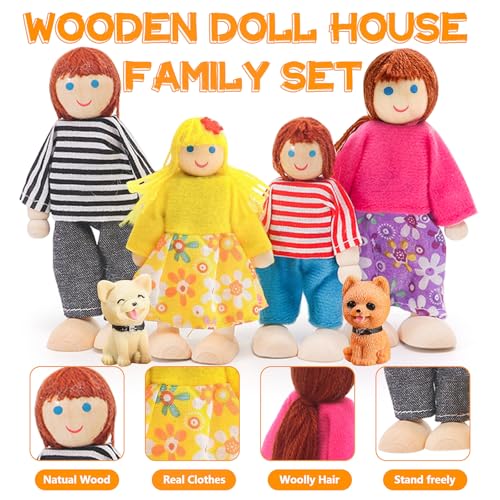 HAPGFS 36PCS Wooden Dollhouse Furniture Set with 4 Flexible Family Dolls - 5 Room Realistic Doll House Accessories for Toddlers 3 4 5 6, Pretend Play Toys Gift for Birthday and Christmas - style: Indoor
