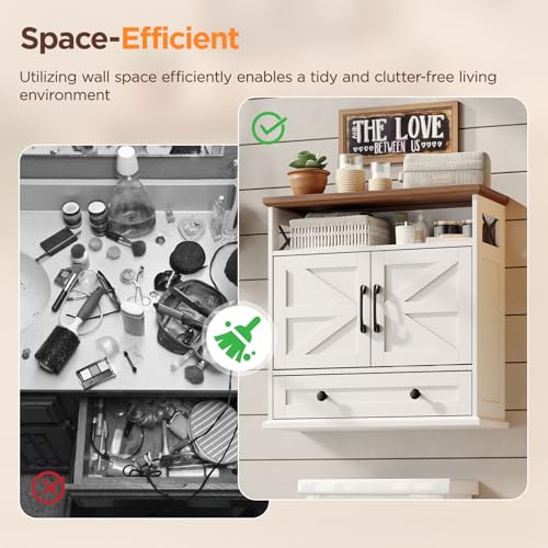 Bathroom Wall Cabinet, 23.6''x23.6'' Farmhouse Wall Mounted Medicine Cabinet with Drawer, 2 Barn Door & Adjustable Shelf, Space Saving Over The Toilet Storage Cabinet for Bathroom, Kitchen, Entryway