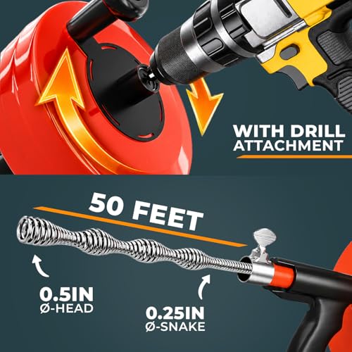 MEISTERFAKTUR drain snake - Auto Feed - Ideal plumbing snake for sink and drain unblocking - Solid drain auger for real DYIs! (50FT) - color: 50FT