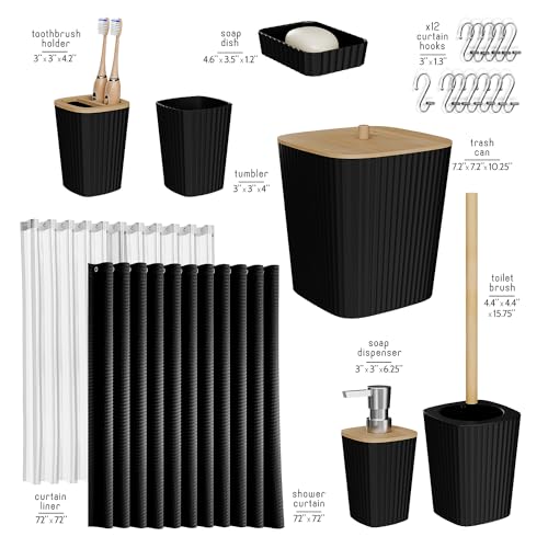 Clara Clark Bathroom Accessories Set - Bathroom Set, Bathroom Accessory Set, Shower Curtain Set, Toilet Brush, Trash Can & Soap Dispenser - Black - 20PC - color: Black, size: Complete Set