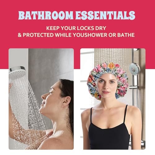 Luxury Shower Cap Satin Lined Reusable Waterproof Double Layer Elastic Adjustable Hair Bath Cap Cute Aesthetic Women Girls-Flowers - color: F12-Flowers