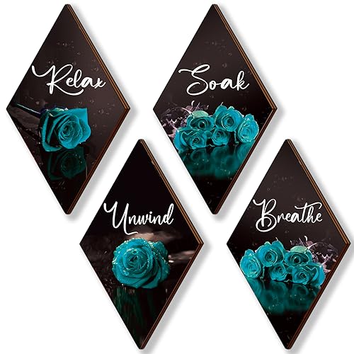 ONIZHITY Set of 4 Rose Wooden Wall Decor - Turquoise & Teal Bathroom & Office Signs (12 x 7) - Breathe, Soak, Unwind, Relax - color: Teal Rose