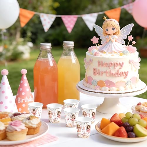 WRAPAHOLIC 3oz Fairy Birthday Paper Cups - 100 Pack Disposable Bathroom Cups with Flower Fairy Castle Design, Small Mouthwash Cup for Toothbrush Rinse, Home Bathroom and Baby Girls Shower - color: Pink Fairy
