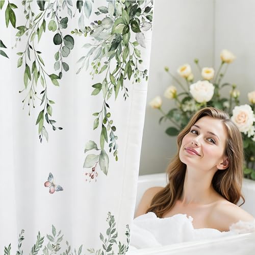 16 Pcs Sage Green Eucalyptus Shower Curtain Set with Rugs, Botanical Leaf Bath Curtains and Quick Absorbent Foam Mats, 120GSM Heavy-Weight Fabric Curtain with 12 Metal Hooks, 72x72 Inch - color: Green