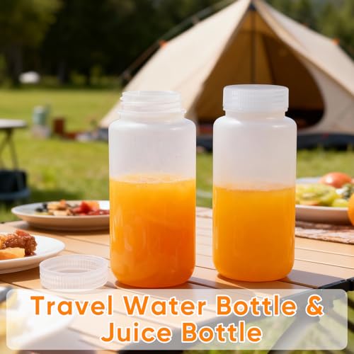 DEMORA 16 oz Plastic Bottles with Lids, Airtight Refillable Wide Mouth Travel Bottles for Toiletries, HDPE Food Grade Plastic Containers for Liquids Pill Water Sample Lab Reagent (Translucent, 2 Pcs) - color: Translucent, size: 16-oz
