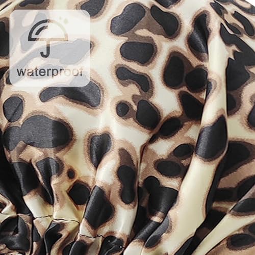 Edoneery Reusable Shower Caps for Women, Waterproof Long Hair Bonnet | Washable Design, Wide Elastic Band, Large Fit, Holds Long Hair, Braids Friendly, Bath Accessories, Spa, Travel - color: Brown Leopard